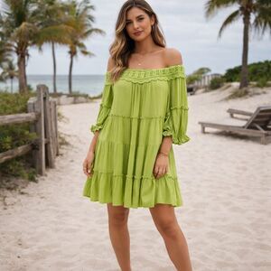 Davi & Dani Dress NWT Lime Green Tiered Crochet Flowy Womens Size 1 XL